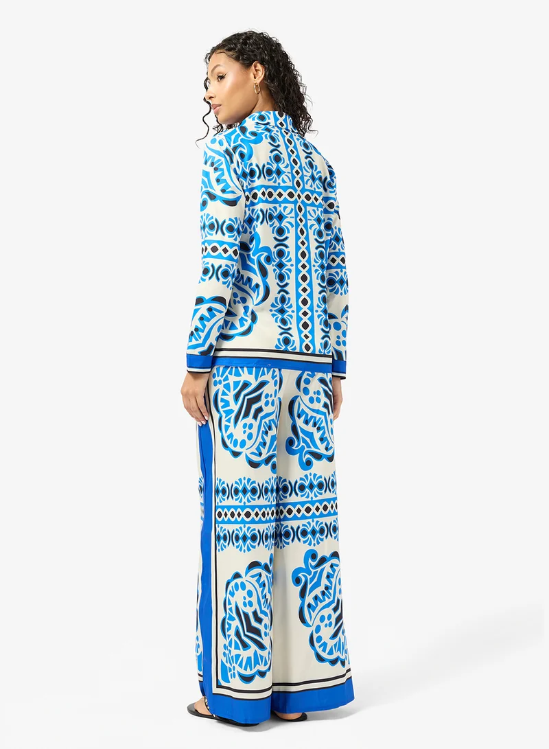 Ginger Oversize Satin Scarf Print Shirt & Pant Coord Set